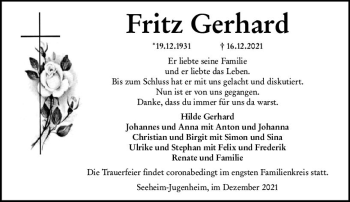 Traueranzeige von Fritz Gerhard von vrm-trauer