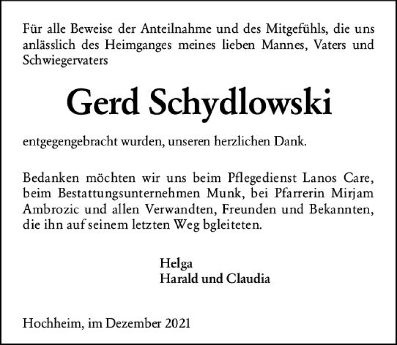  Traueranzeige für Gerd Schydlowski vom 17.12.2021 aus vrm-trauer