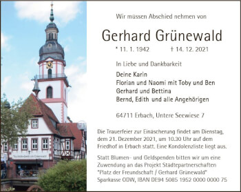 Traueranzeige von Gerhard Grünewald von vrm-trauer