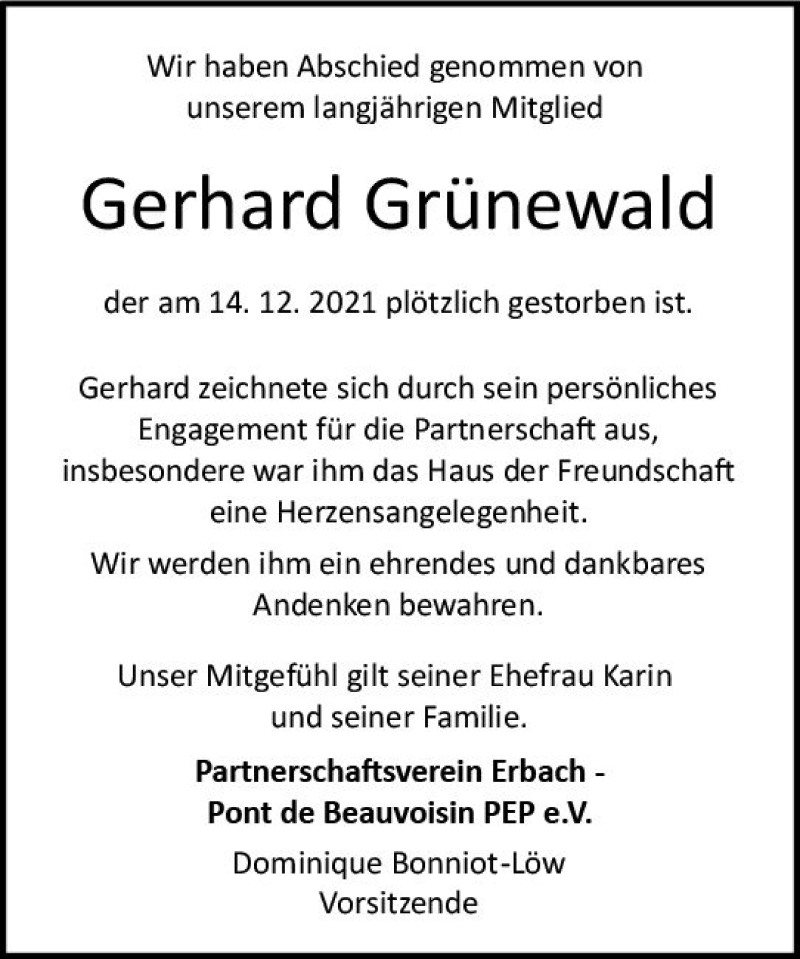  Traueranzeige für Gerhard Grünewald vom 22.12.2021 aus vrm-trauer
