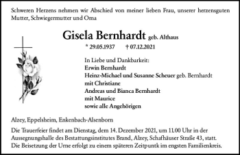 Traueranzeige von Gisela Bernhardt von vrm-trauer