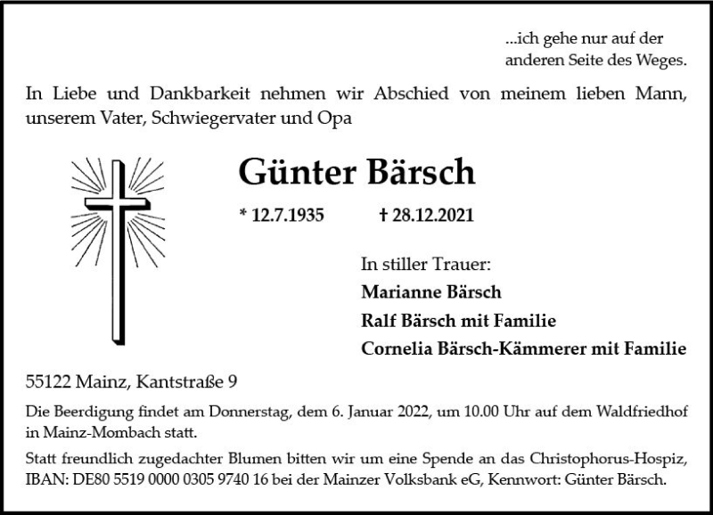  Traueranzeige für Günter Bärsch vom 31.12.2021 aus vrm-trauer