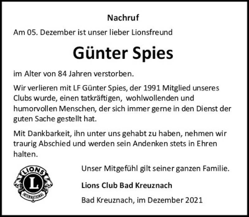 Traueranzeige für Günter Spies vom 18.12.2021 aus vrm-trauer