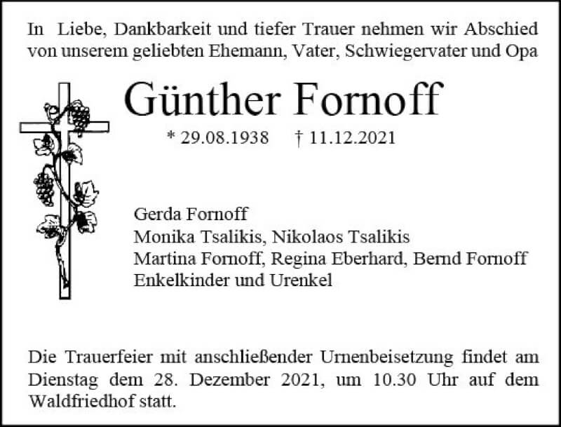  Traueranzeige für Günther Fornoff vom 18.12.2021 aus vrm-trauer