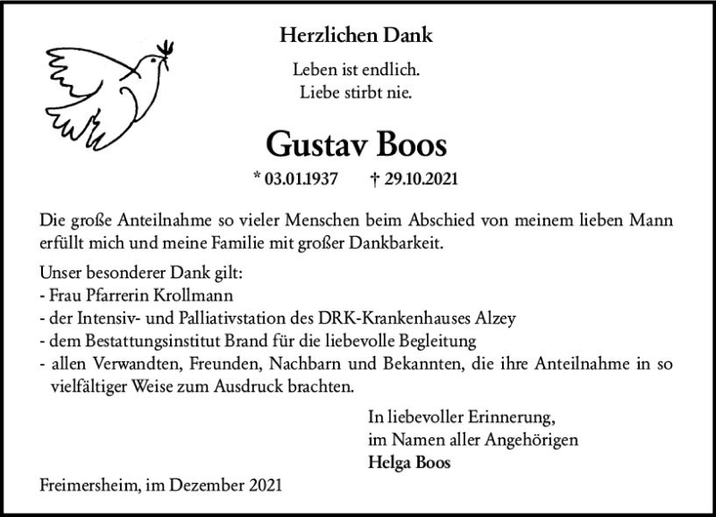  Traueranzeige für Gustav Boos vom 11.12.2021 aus vrm-trauer