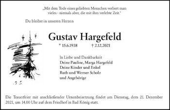 Traueranzeige von Gustav Hargefeld von vrm-trauer