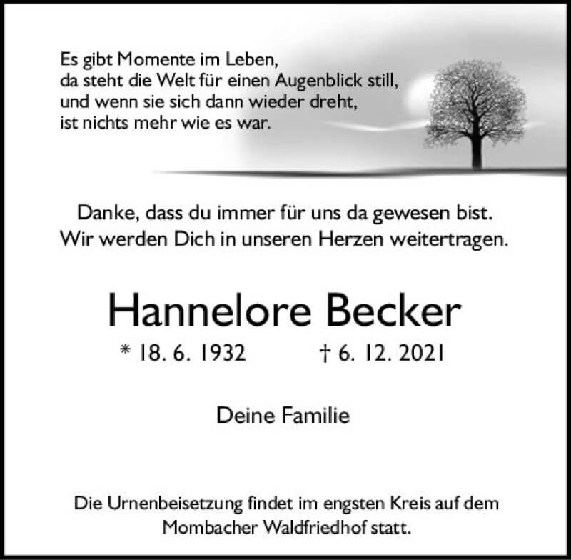  Traueranzeige für Hannelore Becker vom 18.12.2021 aus vrm-trauer