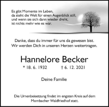 Traueranzeige von Hannelore Becker von vrm-trauer