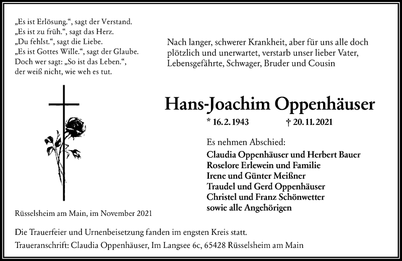  Traueranzeige für Hans-Joachim Oppenhäuser vom 04.12.2021 aus vrm-trauer
