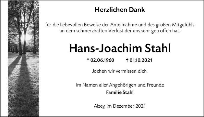  Traueranzeige für Hans-Joachim Stahl vom 11.12.2021 aus vrm-trauer