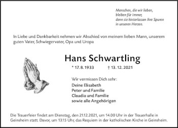 Traueranzeige von Hans Schwartling von vrm-trauer
