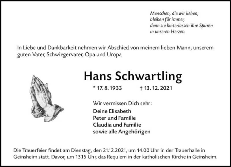  Traueranzeige für Hans Schwartling vom 18.12.2021 aus vrm-trauer