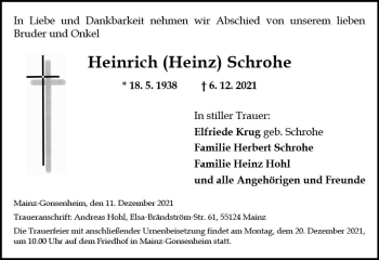 Traueranzeige von Heinrich Schrohe von vrm-trauer