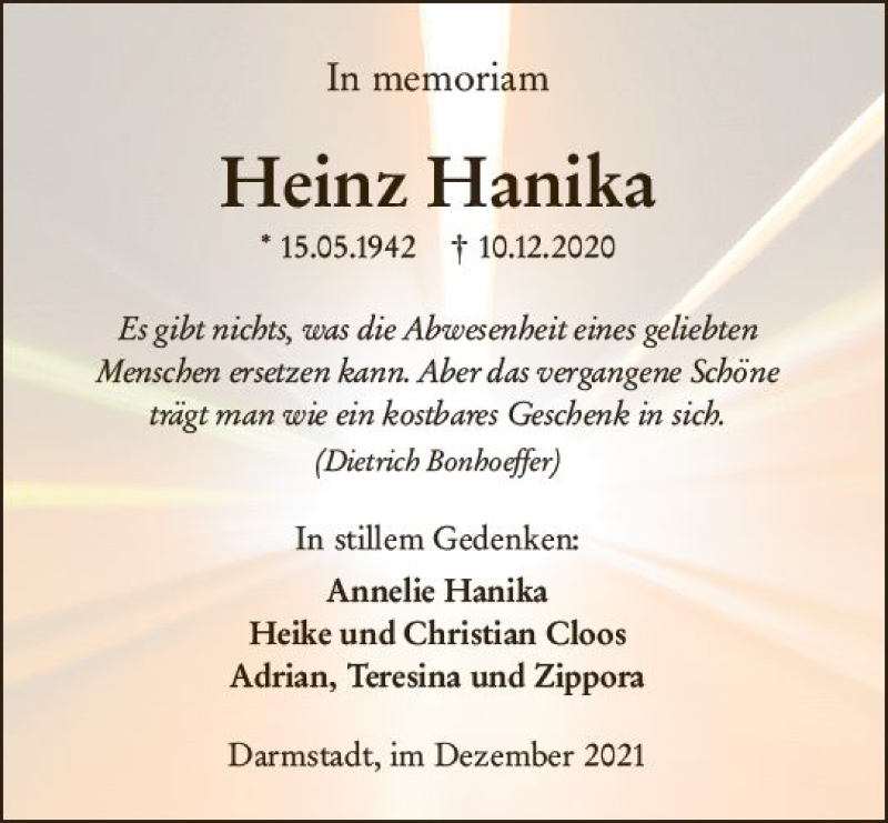  Traueranzeige für Heinz Hanika vom 10.12.2021 aus vrm-trauer