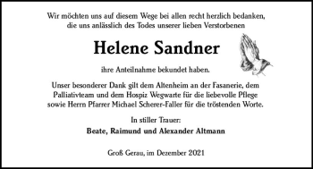 Traueranzeige von Helene Sandner von vrm-trauer