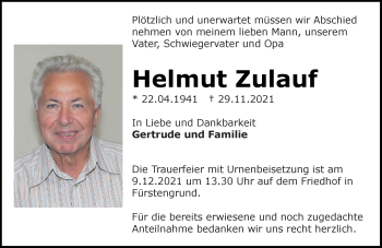 Traueranzeige von Helmut Zulauf von vrm-trauer