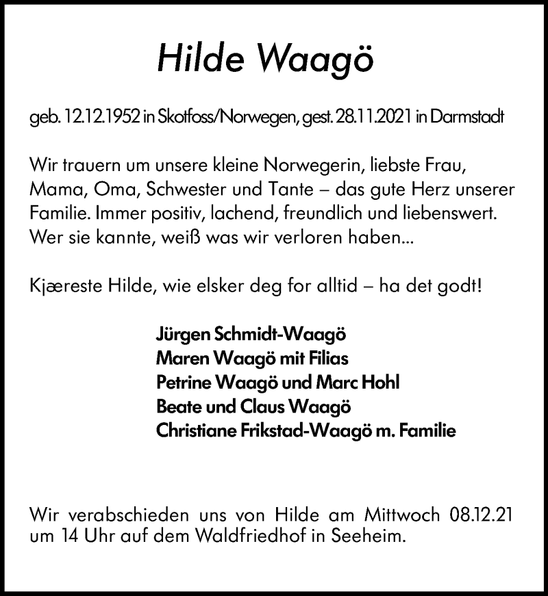  Traueranzeige für Hilde Waagö vom 04.12.2021 aus vrm-trauer