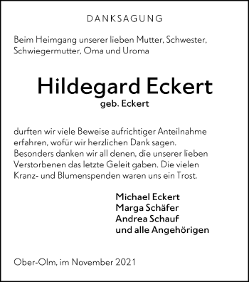Traueranzeige von Hildegard Eckert von vrm-trauer