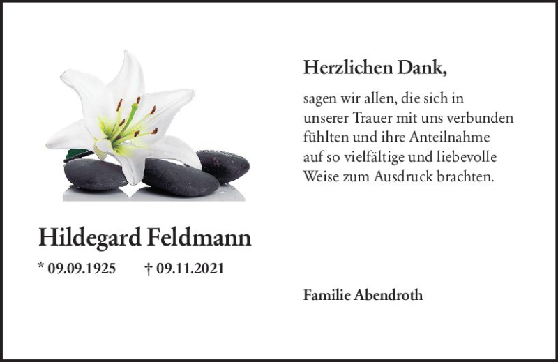  Traueranzeige für Hildegard Feldmann vom 11.12.2021 aus vrm-trauer