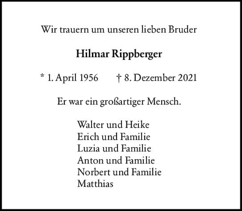  Traueranzeige für Hilmar Rippberger vom 15.12.2021 aus vrm-trauer