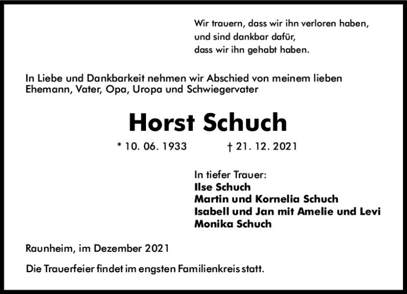  Traueranzeige für Horst Schuch vom 29.12.2021 aus vrm-trauer