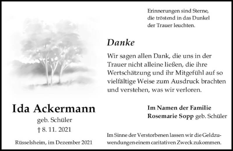  Traueranzeige für Ida Ackermann vom 18.12.2021 aus vrm-trauer