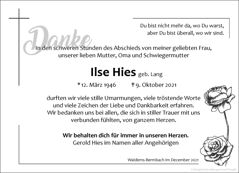  Traueranzeige für Ilse Hies vom 04.12.2021 aus vrm-trauer