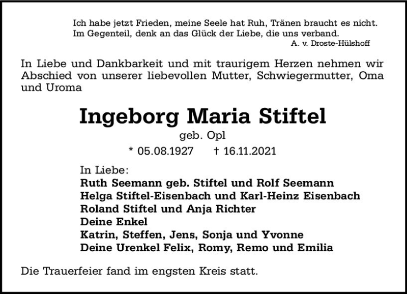  Traueranzeige für Ingeborg Maria Stiftel vom 11.12.2021 aus vrm-trauer