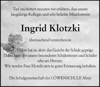 Traueranzeige von Ingrid Klotzki von vrm-trauer