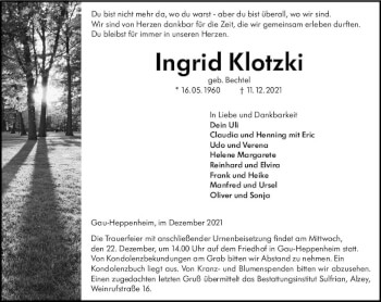 Traueranzeige von Ingrid Klotzki von vrm-trauer