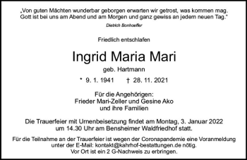 Traueranzeige von Ingrid Maria Mari von vrm-trauer