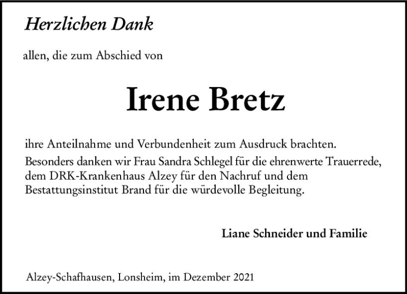  Traueranzeige für Irene Bretz vom 11.12.2021 aus vrm-trauer