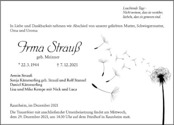 Traueranzeige von Irma Strauß von vrm-trauer