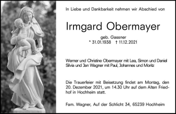 Traueranzeige von Irmgard Obermayer von vrm-trauer