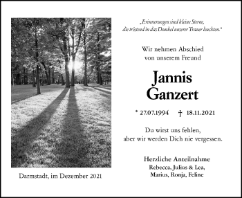 Traueranzeige von Jannis Ganzert von vrm-trauer