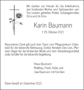 Traueranzeige von Karin Baumann von vrm-trauer