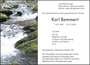 Traueranzeige von Karl Bemmert von vrm-trauer