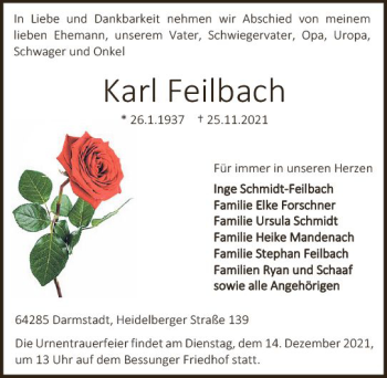 Traueranzeige von Karl Feilbach von vrm-trauer