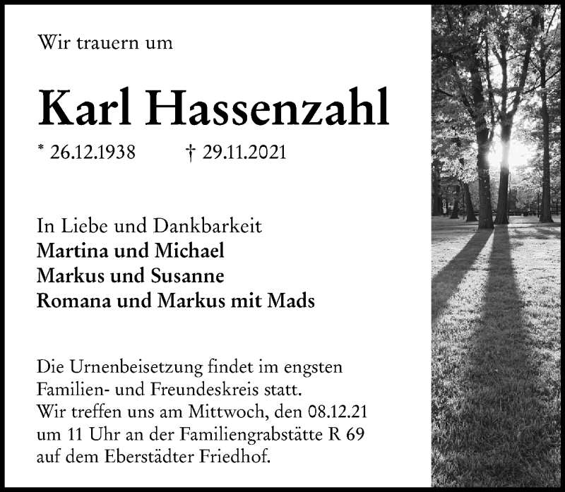 Traueranzeige für Karl Hassenzahl vom 04.12.2021 aus vrm-trauer