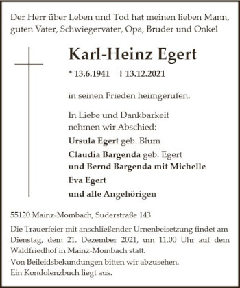 Traueranzeige von Karl-Heinz Egert von vrm-trauer