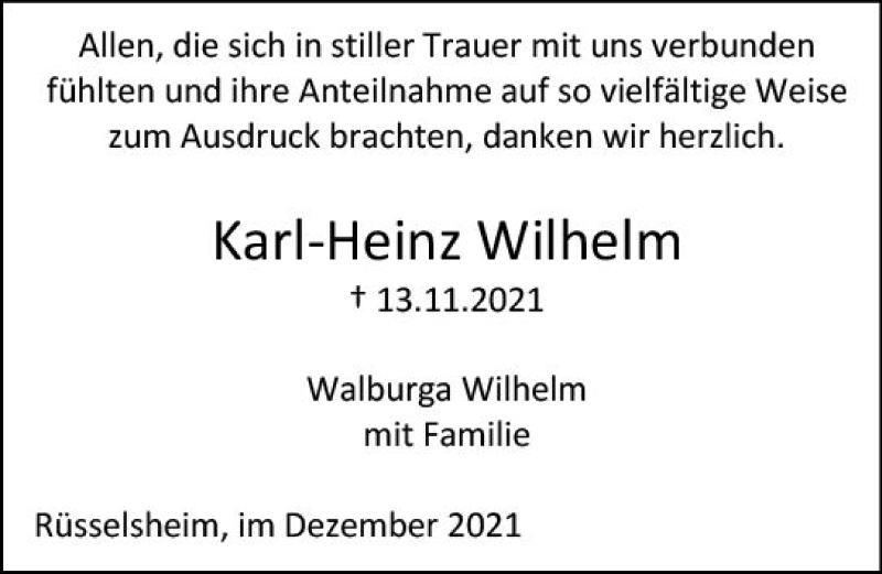  Traueranzeige für Karl-Heinz Wilhelm vom 11.12.2021 aus vrm-trauer
