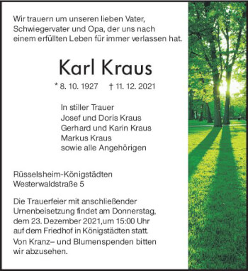Traueranzeige von Karl Kraus von vrm-trauer