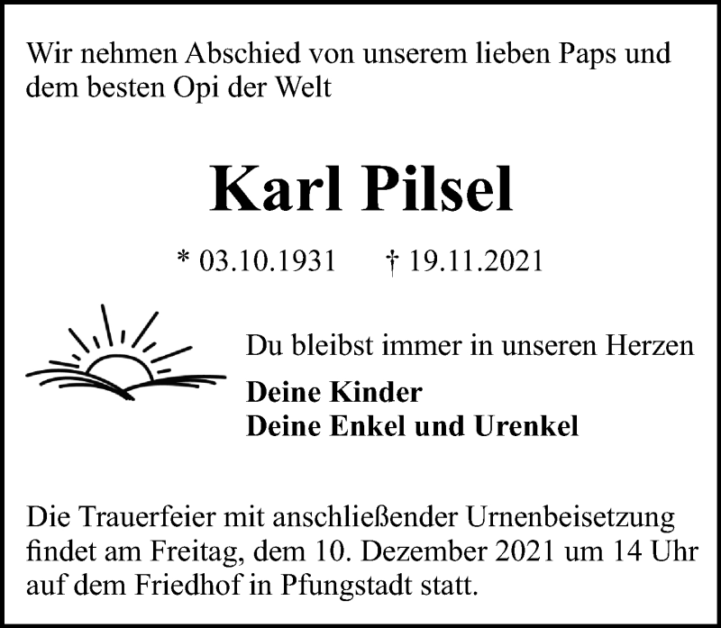  Traueranzeige für Karl Pilsel vom 04.12.2021 aus vrm-trauer