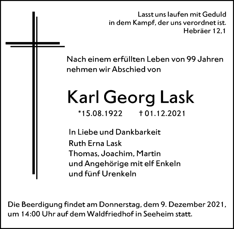  Traueranzeige für Karl Georg Lask vom 04.12.2021 aus vrm-trauer