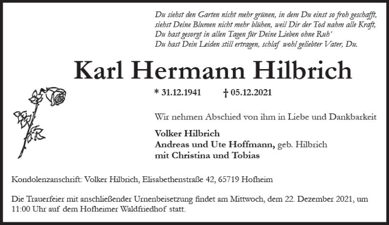  Traueranzeige für Karl Hermann Hilbrich vom 10.12.2021 aus vrm-trauer