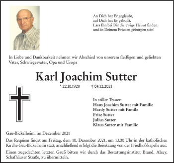 Traueranzeige von Karl Joachim Sutter von vrm-trauer