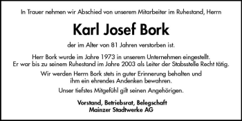 Traueranzeige von Karl Josef Bork von vrm-trauer