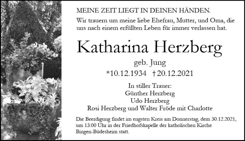 Traueranzeige für Katharina Herzberg vom 28.12.2021 aus vrm-trauer