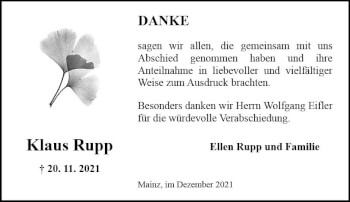 Traueranzeige von Klaus Rupp von vrm-trauer