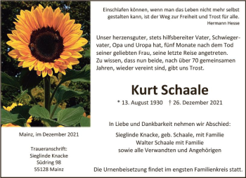 Traueranzeige von Kurt Schaale von vrm-trauer